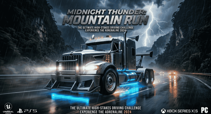 Hyper realistic gaming style heavy truck with neon underglow driving through rainy mountain highway at night in Global Truck Online