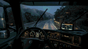 Interior cab view of heavy truck driver at night with rain on windshield and Brazilian mountain route on GPS in Global Truck Online