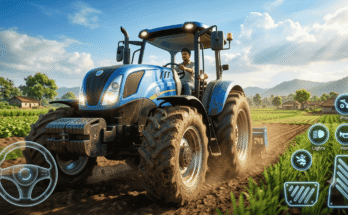 Close-up of a realistic blue tractor in Indian Vehicles Simulator 3D with mobile driving controls in a cinematic farming environment.