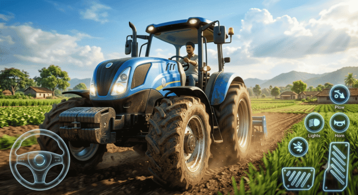 Close-up of a realistic blue tractor in Indian Vehicles Simulator 3D with mobile driving controls in a cinematic farming environment.
