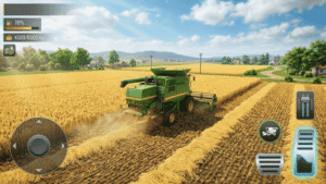 Gaming-style image of a combine harvester harvesting a wheat field with mobile driving controls in Indian Vehicles Simulator 3D.