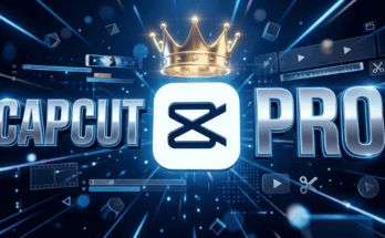 Gaming-style feature image with a premium video editing app icon, golden crown, and futuristic blue tech background representing CapCut Pro.