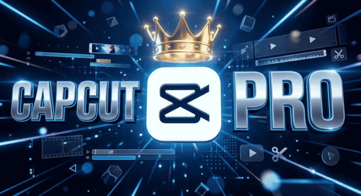 Gaming-style feature image with a premium video editing app icon, golden crown, and futuristic blue tech background representing CapCut Pro.