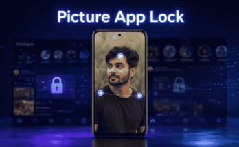 Android smartphone showing Picture App Lock with a South Asian man's photo, secret tap pattern, and hidden app security interface.