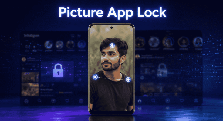 Android smartphone showing Picture App Lock with a South Asian man's photo, secret tap pattern, and hidden app security interface.