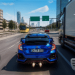 Blue sports car driving at high speed on a city highway in a mobile racing game