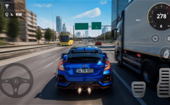 Blue sports car driving at high speed on a city highway in a mobile racing game