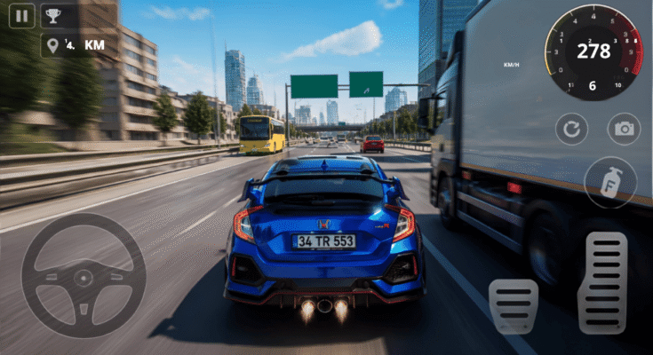 Blue sports car driving at high speed on a city highway in a mobile racing game