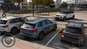 Multiplayer car parking game with friends practicing parking in a city parking area