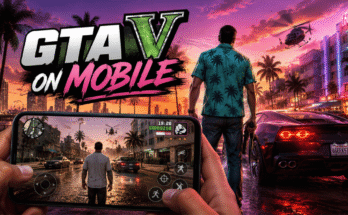 GTA V on mobile gameplay with smartphone, Vice City-inspired city, sports car and character