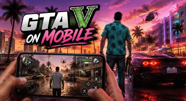 GTA V on mobile gameplay with smartphone, Vice City-inspired city, sports car and character