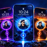 Futuristic smartphone lock screen design with neon glowing effects