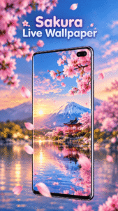 Sakura live wallpaper on a smartphone with cherry blossoms, mountain, pagoda, and lake