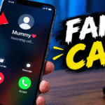 Smartphone showing a fake call from Mummy with a warning symbol and bold “Fake Call” text
