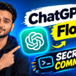 ChatGPT Plus Flow Secret Commands with ChatGPT logo and a man pointing at the text on a blue and yellow background.